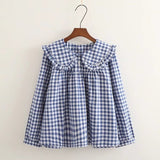 Women Plaid Shirt Long Sleeve Spring Summer Tops Ladies Japanese Mori Girl Peter pan Collar Cute Baby doll Cotton White Blouses
