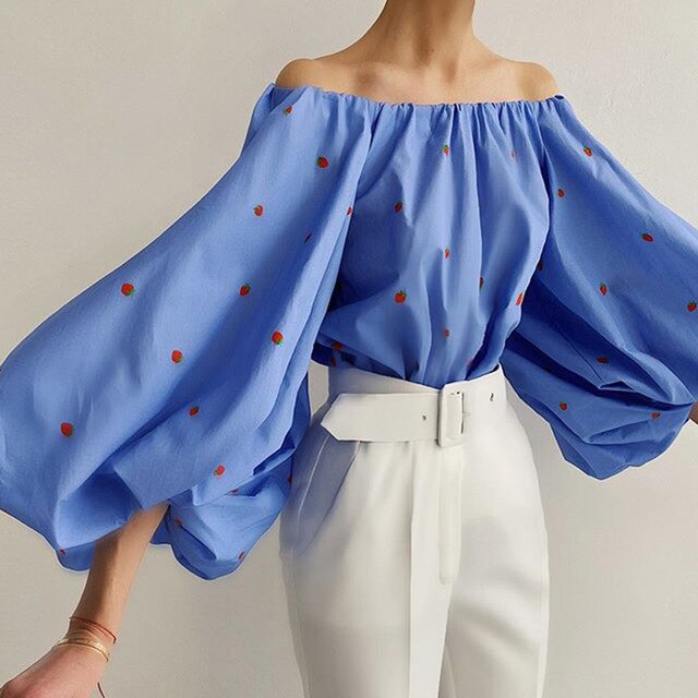 goosudu Fashion Sexy Off Shoulder Blouses Women Spring Summer Lantern Long Sleeve Print Top Vintage Holiday Elegant Shirt Blusas