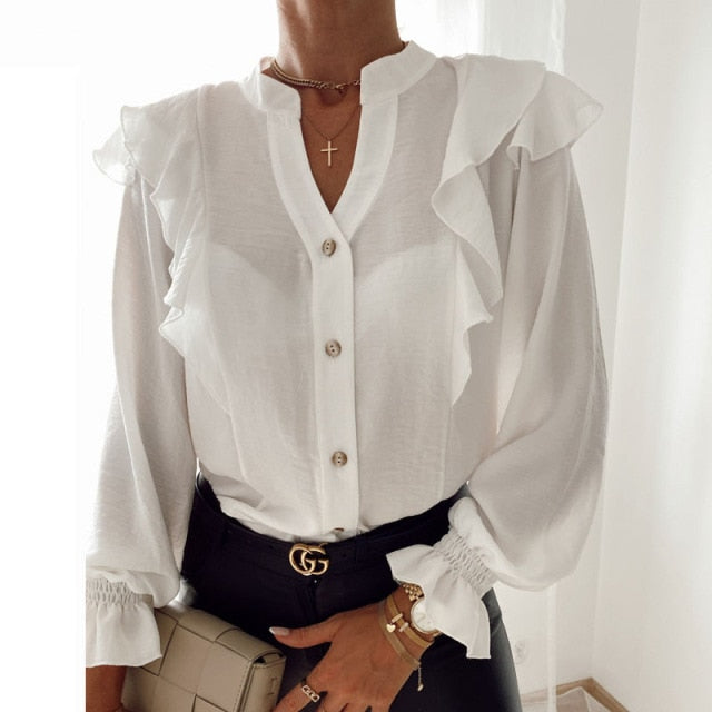 Elegant Print Ruffle Buttons Shirt Blouse Women O Neck Pullover Tops Blusa Spring Autumn Long Sleeve Polka Dot Blouse Streetwear