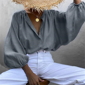 Spring Women Shirt Vintage Solid Color Long-sleeve Loose Casual Lantern Sleeve Office Casual Blouse Women Big Size Shirt