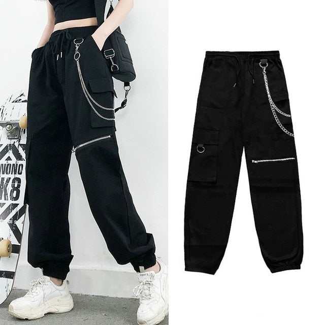 Goosudu Streetwear Cargo Pants Women Casual Joggers Black High Waist Loose Female Trousers Korean Style Ribbon Ladies Pants