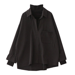 goosudu Fake Two Piece Striped Shirt Women Patchwork Knitted Turtleneck  Autumn Winter Long Sleeve Casual Loose Female Blouse Tops
