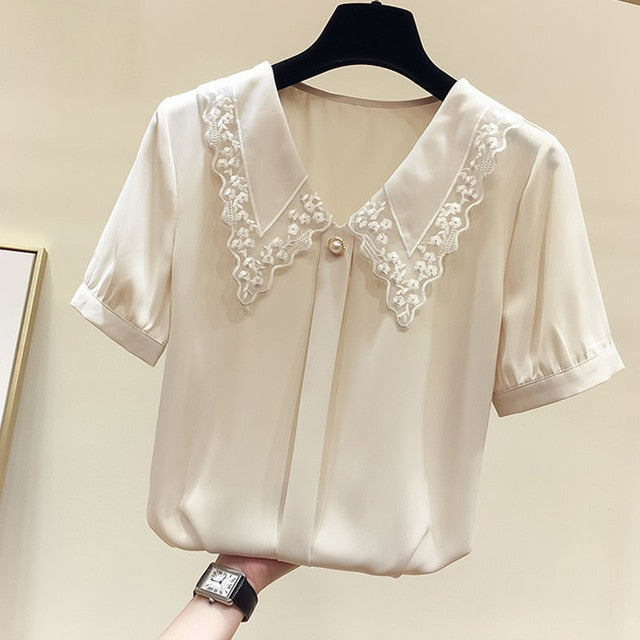 goosudu Women Spring Summer Style Chiffon Blouses Shirts Lady Casual Short Sleeve Peter Pan Collar Chiffon Blusas Tops