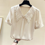goosudu Women Spring Summer Style Chiffon Blouses Shirts Lady Casual Short Sleeve Peter Pan Collar Chiffon Blusas Tops