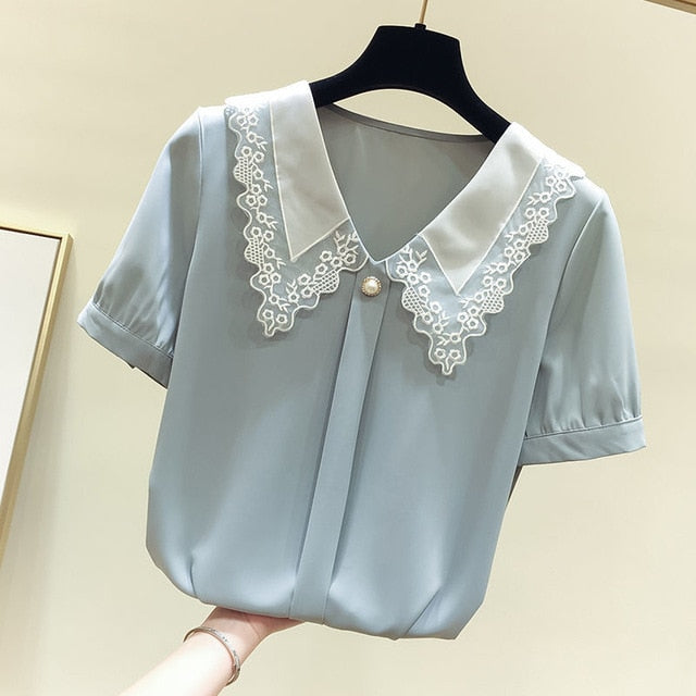 goosudu Women Spring Summer Style Chiffon Blouses Shirts Lady Casual Short Sleeve Peter Pan Collar Chiffon Blusas Tops