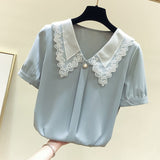 goosudu Women Spring Summer Style Chiffon Blouses Shirts Lady Casual Short Sleeve Peter Pan Collar Chiffon Blusas Tops