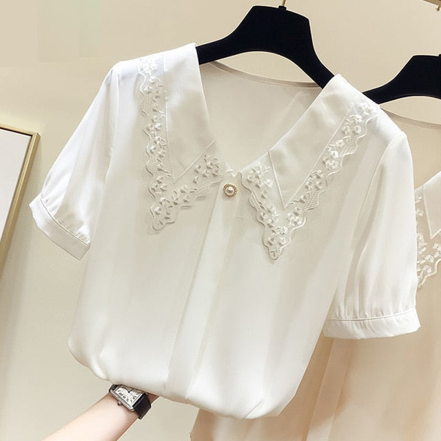 goosudu Women Spring Summer Style Chiffon Blouses Shirts Lady Casual Short Sleeve Peter Pan Collar Chiffon Blusas Tops