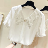 goosudu Women Spring Summer Style Chiffon Blouses Shirts Lady Casual Short Sleeve Peter Pan Collar Chiffon Blusas Tops