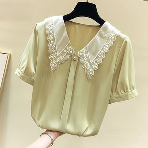 goosudu Women Spring Summer Style Chiffon Blouses Shirts Lady Casual Short Sleeve Peter Pan Collar Chiffon Blusas Tops