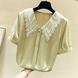 goosudu Women Spring Summer Style Chiffon Blouses Shirts Lady Casual Short Sleeve Peter Pan Collar Chiffon Blusas Tops