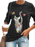 Goosudu Colorful Cat Butterfly Print Blouse Shirt Women Casual O-Neck Long-Sleeved Pullover Tops Spring Ladies Plus Size Street Tee