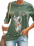 Goosudu Colorful Cat Butterfly Print Blouse Shirt Women Casual O-Neck Long-Sleeved Pullover Tops Spring Ladies Plus Size Street Tee