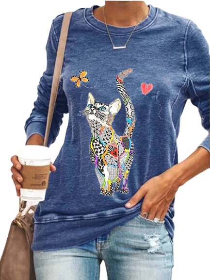 Goosudu Colorful Cat Butterfly Print Blouse Shirt Women Casual O-Neck Long-Sleeved Pullover Tops Spring Ladies Plus Size Street Tee