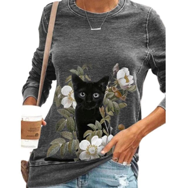 Goosudu Colorful Cat Butterfly Print Blouse Shirt Women Casual O-Neck Long-Sleeved Pullover Tops Spring Ladies Plus Size Street Tee