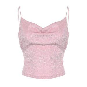 SUCHCUTE Spaghetti Straps female T-shirt Glitter backless tops loose spring simple women tee chrismas party outfits