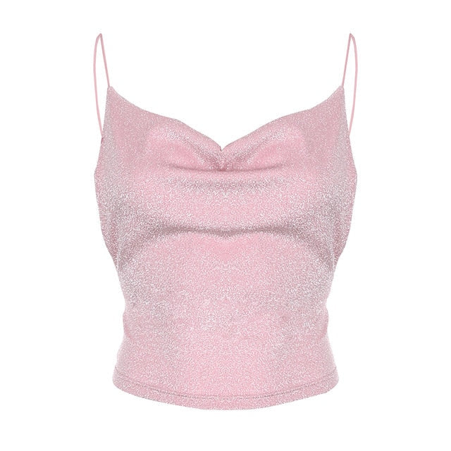 SUCHCUTE Spaghetti Straps female T-shirt Glitter backless tops loose spring simple women tee chrismas party outfits