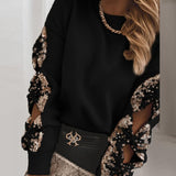 Sexy Hollow Out Bowknot Sequined Tops Shirt Women Casual O Neck Patchwork Loose Blouse Spring Autumn Long Sleeve Pullover Blusa