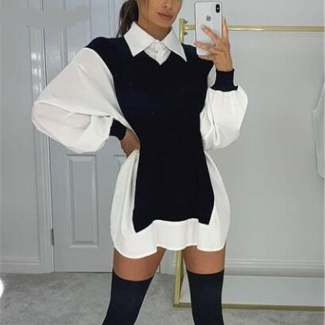 Puff Sleeve Sexy Mini Dress Women Casual Party Rib Shirt Patchwork Spring Long Sleeve Wrap A-Line Woman Dress