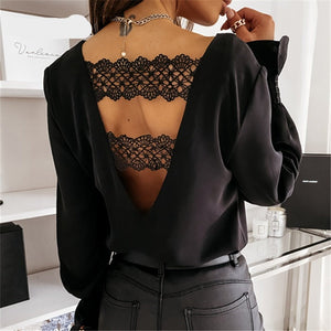 Goosudu Sexy Lace Women Shirts V neck Long Sleeve Spring Autumn Tops Daily Blouses Female Elegant OL Office Blouse Casual Lady's Shirt