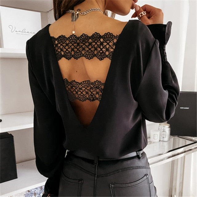 Goosudu Sexy Lace Women Shirts V neck Long Sleeve Spring Autumn Tops Daily Blouses Female Elegant OL Office Blouse Casual Lady's Shirt
