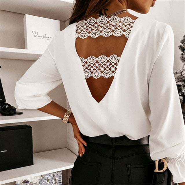 Goosudu Sexy Lace Women Shirts V neck Long Sleeve Spring Autumn Tops Daily Blouses Female Elegant OL Office Blouse Casual Lady's Shirt