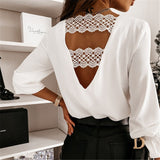 Goosudu Sexy Lace Women Shirts V neck Long Sleeve Spring Autumn Tops Daily Blouses Female Elegant OL Office Blouse Casual Lady's Shirt