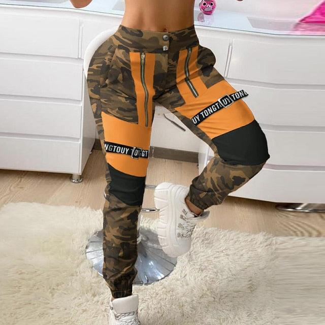 Spring Autumn Cargo Pants Casual Elastic Buckle Camouflage Sweatpant Overall Women Patchwork High Waist Trousers Streetwear