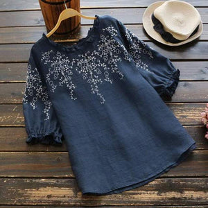 Fashion O Neck Cotton Tunic Women's Summer Blouse  Causal Half Sleeve Tee Shirts Female Embroidery Tops