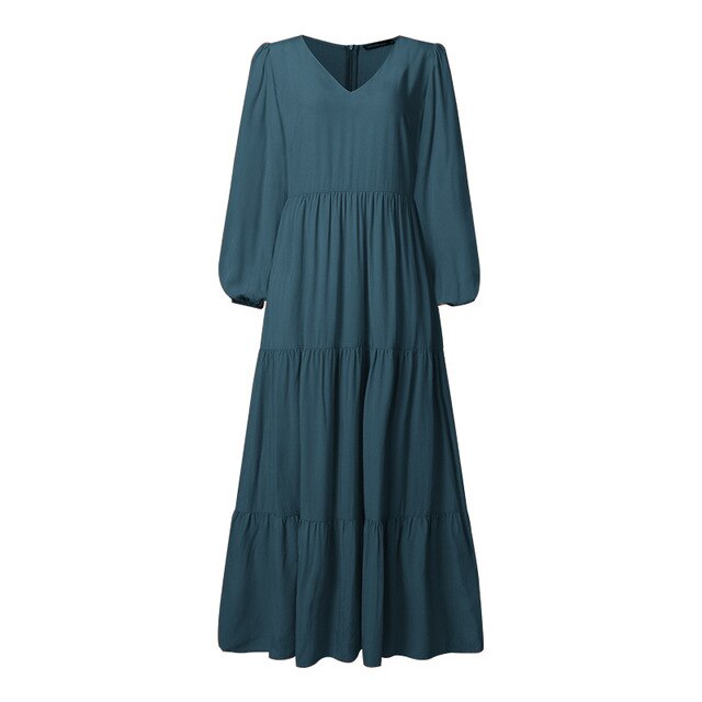 Stylish Ruffle Maxi Dress Casual Puff Sleeve Tunic Vestidos Female Solid Robe Women's Autumn Sundress