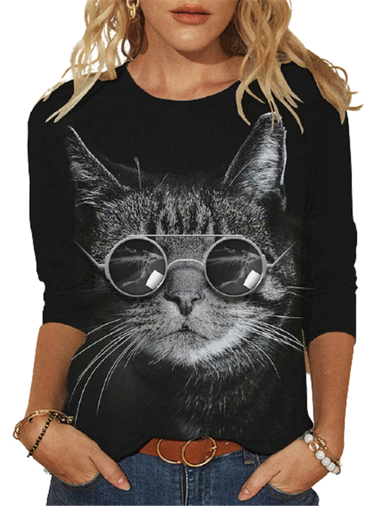 goosudu Fashion Cool Glasses Cat 3D Print T-shirt Women Casual O-Neck Long Sleeve Tops  Spring Autumn Streetwear Lady Plus Size Tees