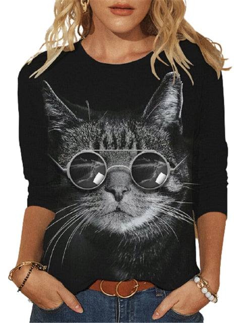 goosudu Fashion Cool Glasses Cat 3D Print T-shirt Women Casual O-Neck Long Sleeve Tops  Spring Autumn Streetwear Lady Plus Size Tees