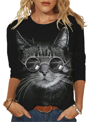 goosudu Fashion Cool Glasses Cat 3D Print T-shirt Women Casual O-Neck Long Sleeve Tops  Spring Autumn Streetwear Lady Plus Size Tees