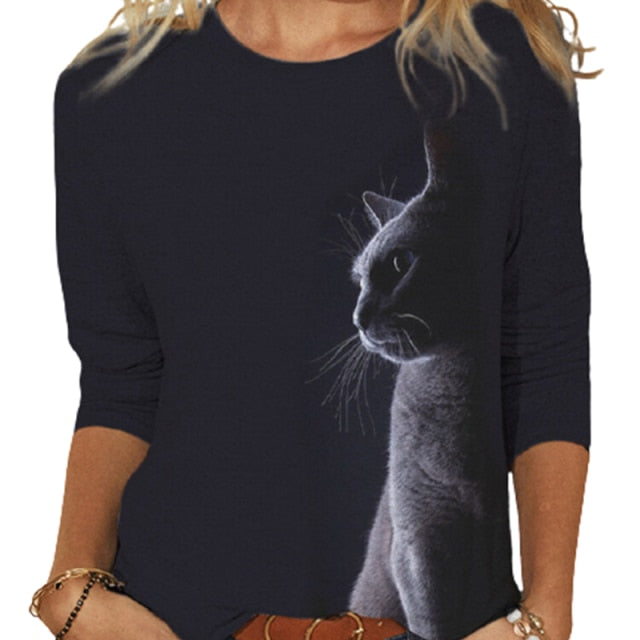goosudu Fashion Cool Glasses Cat 3D Print T-shirt Women Casual O-Neck Long Sleeve Tops  Spring Autumn Streetwear Lady Plus Size Tees