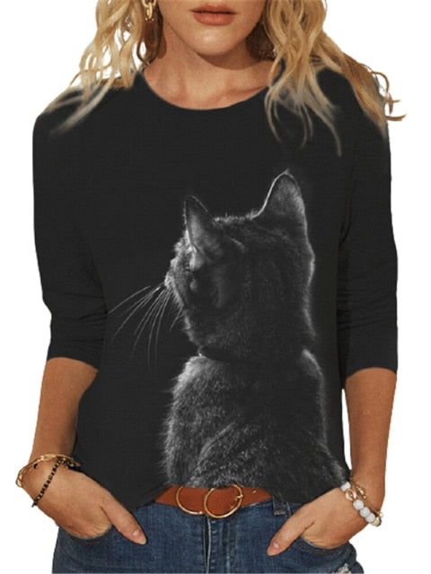 goosudu Fashion Cool Glasses Cat 3D Print T-shirt Women Casual O-Neck Long Sleeve Tops  Spring Autumn Streetwear Lady Plus Size Tees