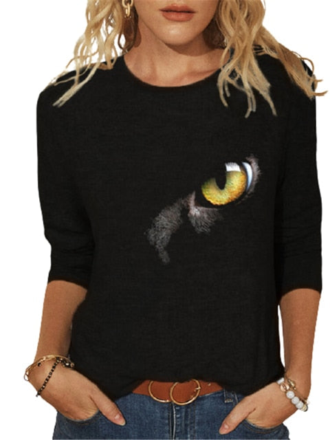 goosudu Fashion Cool Glasses Cat 3D Print T-shirt Women Casual O-Neck Long Sleeve Tops  Spring Autumn Streetwear Lady Plus Size Tees