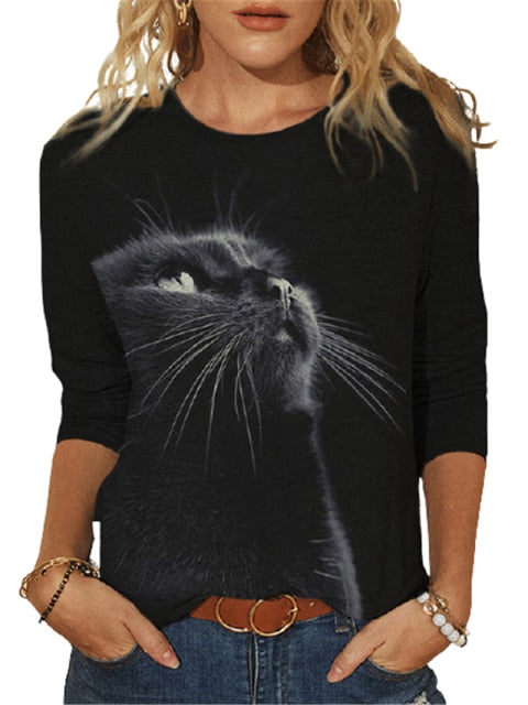 goosudu Fashion Cool Glasses Cat 3D Print T-shirt Women Casual O-Neck Long Sleeve Tops  Spring Autumn Streetwear Lady Plus Size Tees