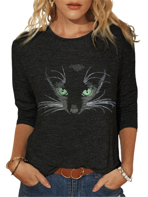 goosudu Fashion Cool Glasses Cat 3D Print T-shirt Women Casual O-Neck Long Sleeve Tops  Spring Autumn Streetwear Lady Plus Size Tees