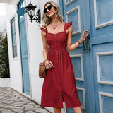 Cotton Sleeveless Square Neck Women Dress Maxi Summer Spaghetti Strap A-line Sundress Casual Button Ruffle Vestidos