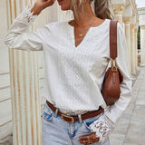 Goosudu  Autumn Elegant Office Lady Spring White Tops Women's Lace Patchwork Long Sleeved V-neck Slim Shirt Ladies Fashion Casual Blouse