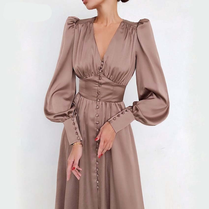 Satin Long Dress Women Puff Sleeve Spring V-Neck Party Pleated Dress Casual Elegant Bodycon Dress Ladies Chic Ruched Dresses