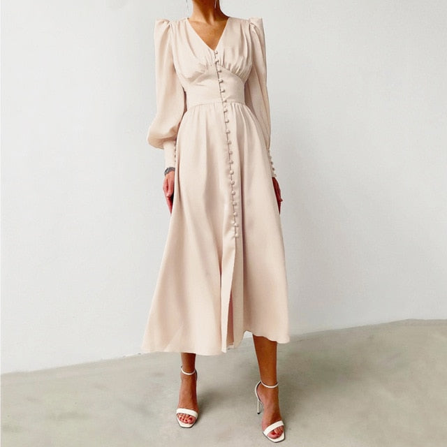 Satin Long Dress Women Puff Sleeve Spring V-Neck Party Pleated Dress Casual Elegant Bodycon Dress Ladies Chic Ruched Dresses