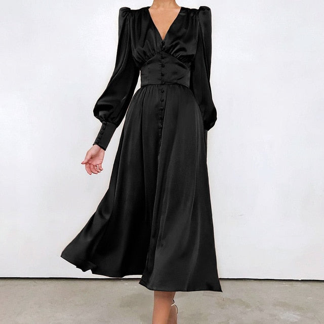Satin Long Dress Women Puff Sleeve Spring V-Neck Party Pleated Dress Casual Elegant Bodycon Dress Ladies Chic Ruched Dresses