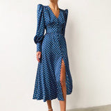 Satin Long Dress Women Puff Sleeve Spring V-Neck Party Pleated Dress Casual Elegant Bodycon Dress Ladies Chic Ruched Dresses