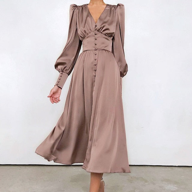 Satin Long Dress Women Puff Sleeve Spring V-Neck Party Pleated Dress Casual Elegant Bodycon Dress Ladies Chic Ruched Dresses