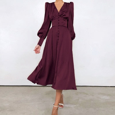 Satin Long Dress Women Puff Sleeve Spring V-Neck Party Pleated Dress Casual Elegant Bodycon Dress Ladies Chic Ruched Dresses