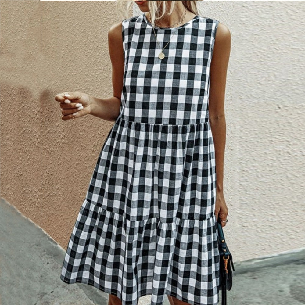 Dresses For Women Summer Casual Loose Plaid Print Ruffled Midi Dress Sleeveless Vintage Ladies Dress Vacation Sundress