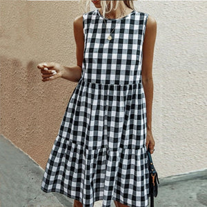 Dresses For Women Summer Casual Loose Plaid Print Ruffled Midi Dress Sleeveless Vintage Ladies Dress Vacation Sundress