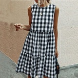 Dresses For Women Summer Casual Loose Plaid Print Ruffled Midi Dress Sleeveless Vintage Ladies Dress Vacation Sundress