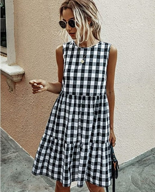Dresses For Women Summer Casual Loose Plaid Print Ruffled Midi Dress Sleeveless Vintage Ladies Dress Vacation Sundress
