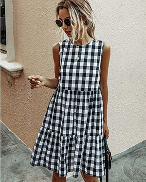 Dresses For Women Summer Casual Loose Plaid Print Ruffled Midi Dress Sleeveless Vintage Ladies Dress Vacation Sundress